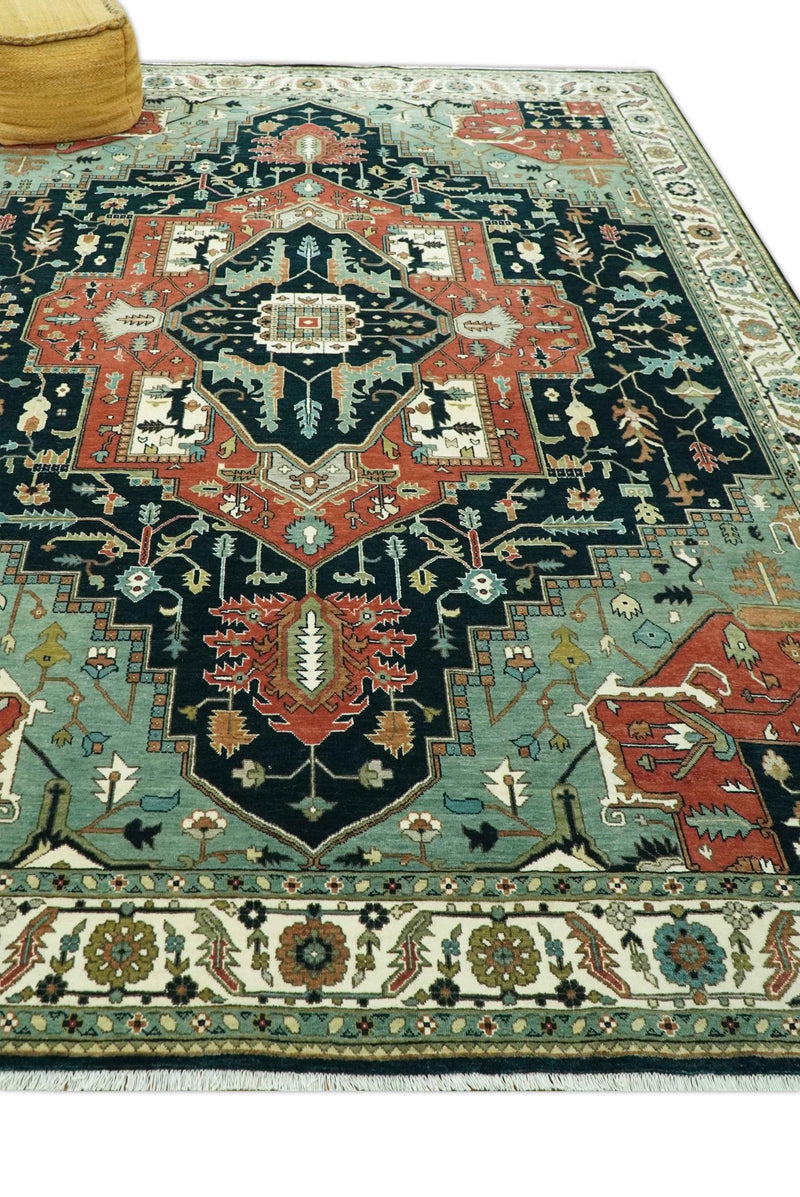 Antique Design Rust, Teal and Green Fine Hand knotted Traditional Heriz 9x12 wool area rug - The Rug Decor