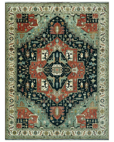 Antique Design Rust, Teal and Green Fine Hand knotted Traditional Heriz 9x12 wool area rug - The Rug Decor