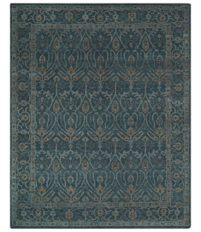 Antique Design Teal, Silver and Dark Peach Hand Knotted Traditional Design 8x10 wool Area rug - The Rug Decor