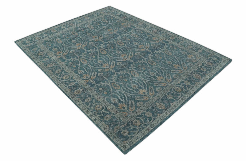 Antique Design Teal, Silver and Dark Peach Hand Knotted Traditional Design 8x10 wool Area rug - The Rug Decor