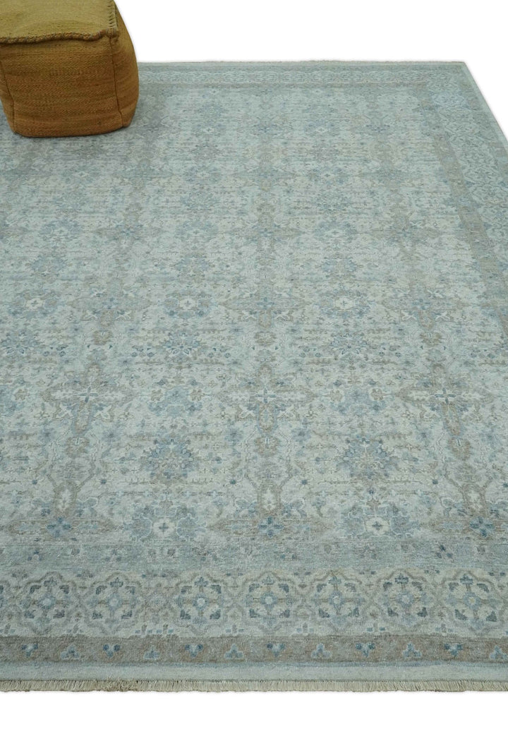 Antique Distress finish Silver, Teal and Brown Hand Knotted Traditional 8x10 wool Rug - The Rug Decor