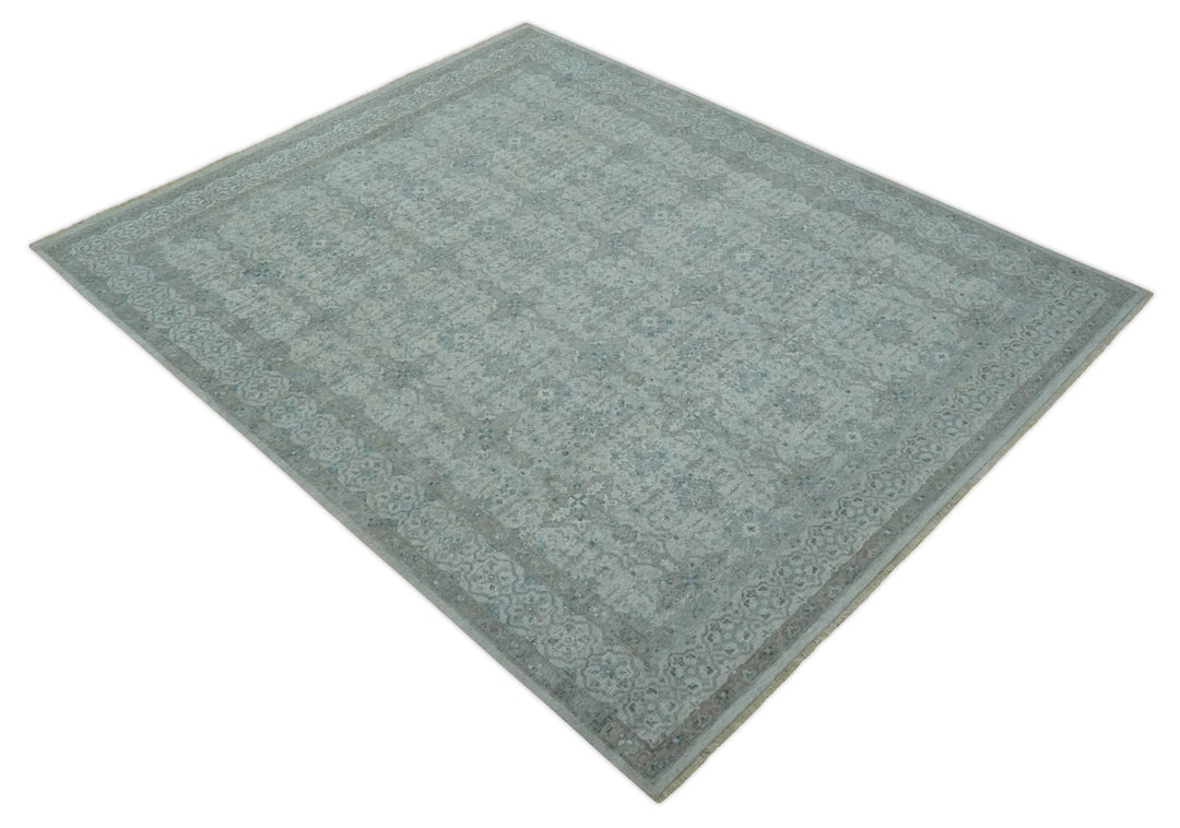 Antique Distress finish Silver, Teal and Brown Hand Knotted Traditional 8x10 wool Rug - The Rug Decor