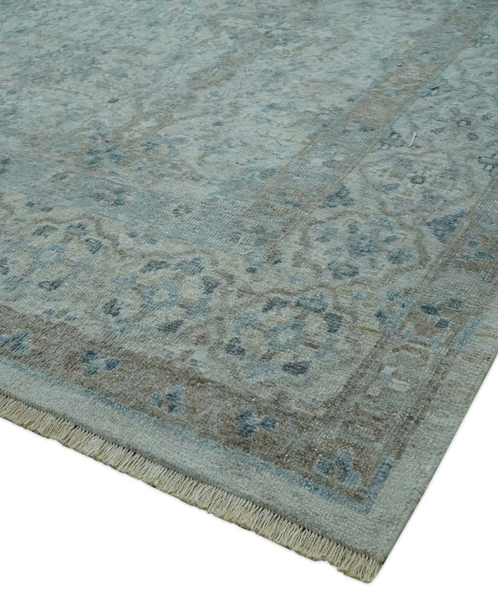 Antique Distress finish Silver, Teal and Brown Hand Knotted Traditional 8x10 wool Rug - The Rug Decor