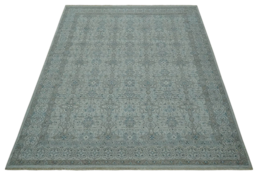 Antique Distress finish Silver, Teal and Brown Hand Knotted Traditional 8x10 wool Rug - The Rug Decor