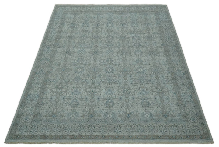 Antique Distress finish Silver, Teal and Brown Hand Knotted Traditional 8x10 wool Rug - The Rug Decor