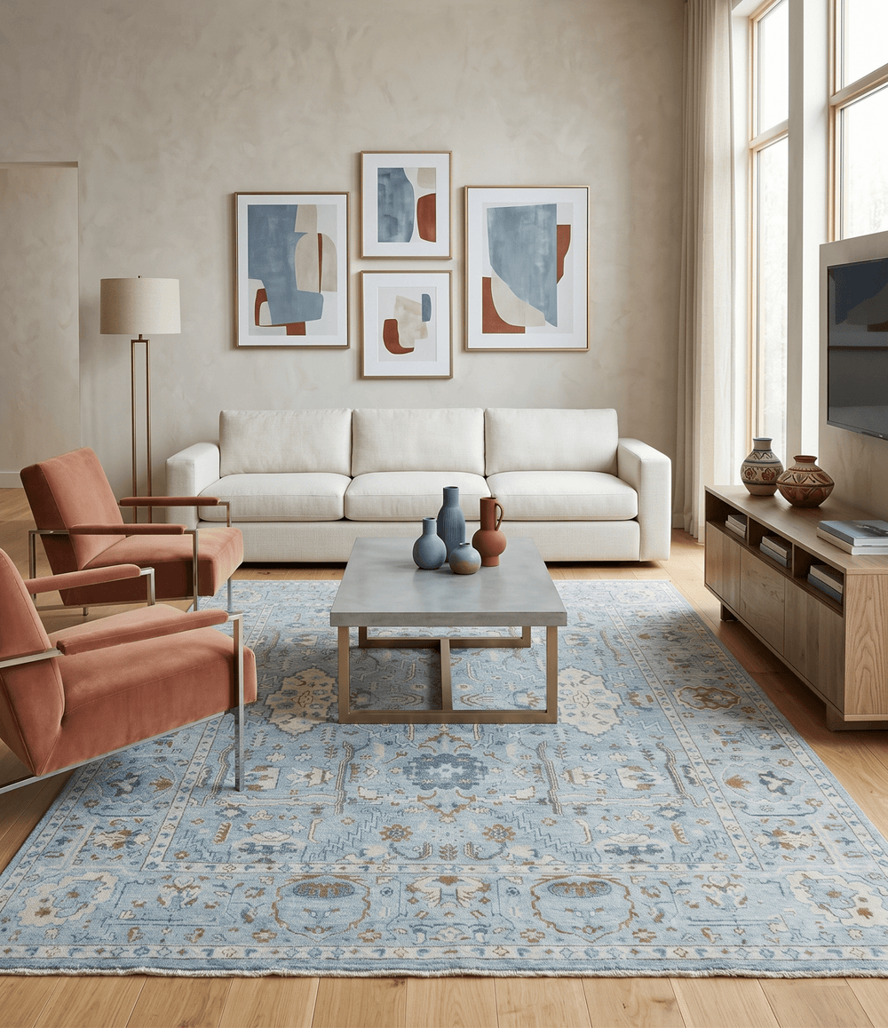 Antique Distressed finished Aqua, Beige and Brown Hand Knotted Low Pile Wool Area Rug - The Rug Decor
