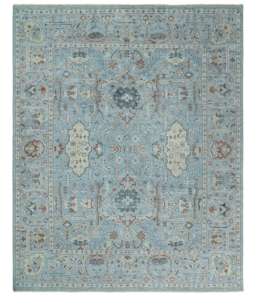 Antique Distressed finished Aqua, Beige and Brown Hand Knotted Low Pile Wool Area Rug - The Rug Decor