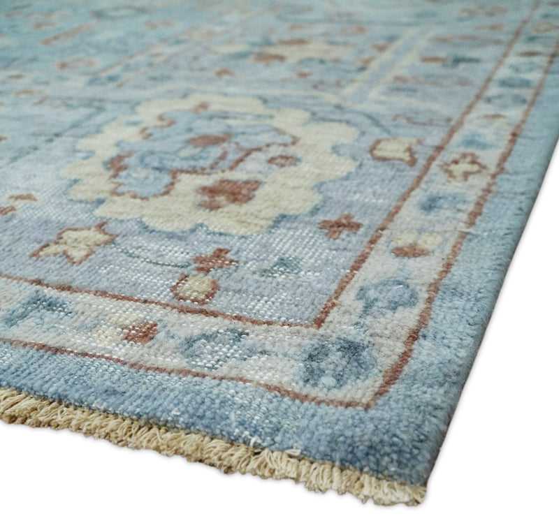 Antique Distressed finished Aqua, Beige and Brown Hand Knotted Low Pile Wool Area Rug - The Rug Decor