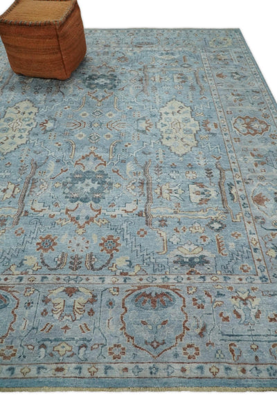 Antique Distressed finished Aqua, Beige and Brown Hand Knotted Low Pile Wool Area Rug - The Rug Decor