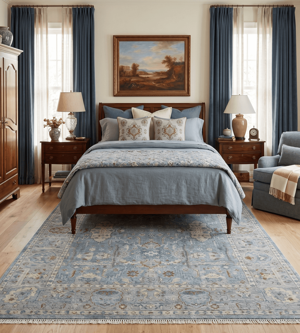 Antique Distressed finished Blue, Beige and Brown Hand Knotted Oxidized 8x10 wool Area Rug - The Rug Decor