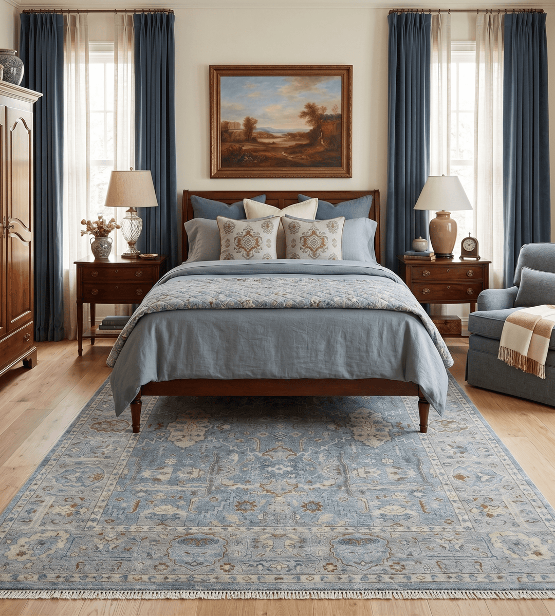 Antique Distressed finished Blue, Beige and Brown Hand Knotted Oxidized 8x10 wool Area Rug - The Rug Decor