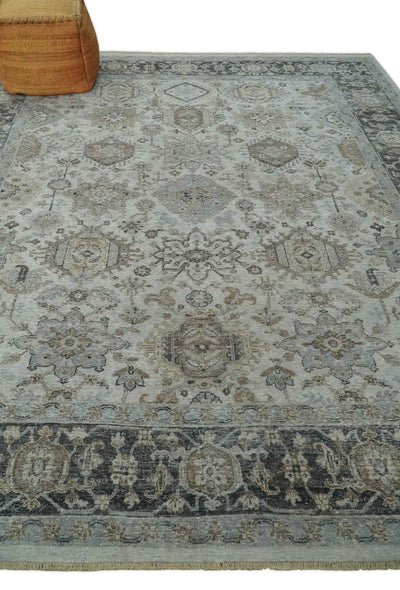 Antique Distressed style Ivory, Charcoal and Beige Low Pile 8x10 wool Area Rug - The Rug Decor