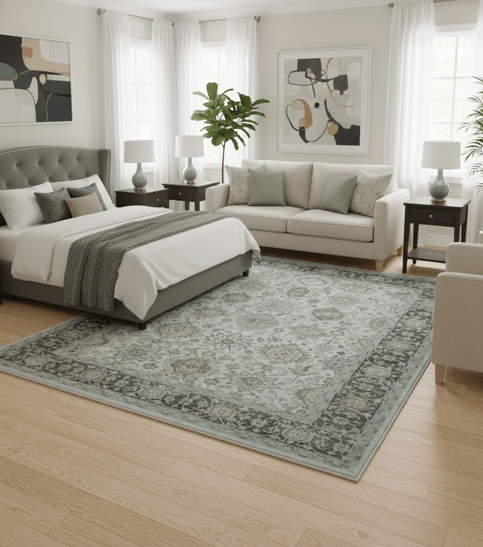 Antique Distressed style Ivory, Charcoal and Beige Low Pile 8x10 wool Area Rug - The Rug Decor