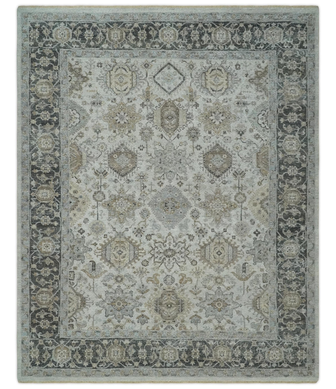 Antique Distressed Ivory, Charcoal and Beige Low Pile Oushak wool Rug ...
