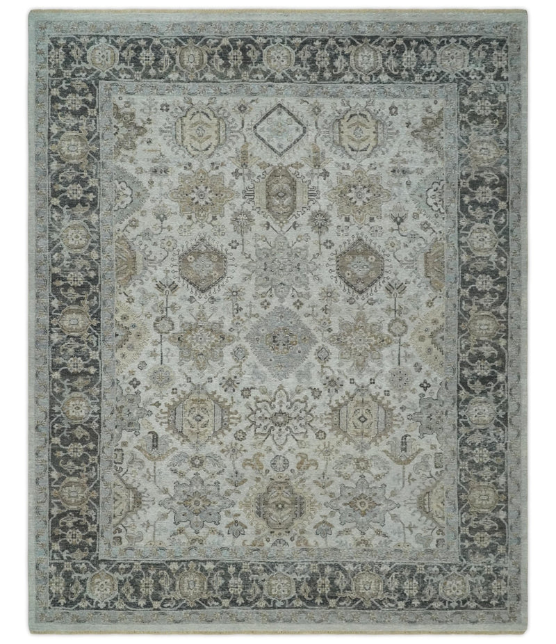 Antique Distressed style Ivory, Charcoal and Beige Low Pile 8x10 wool Area Rug - The Rug Decor