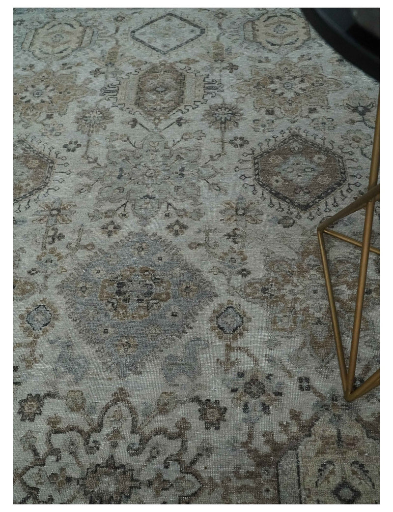 Antique Distressed style Ivory, Charcoal and Beige Low Pile 8x10 wool Area Rug - The Rug Decor