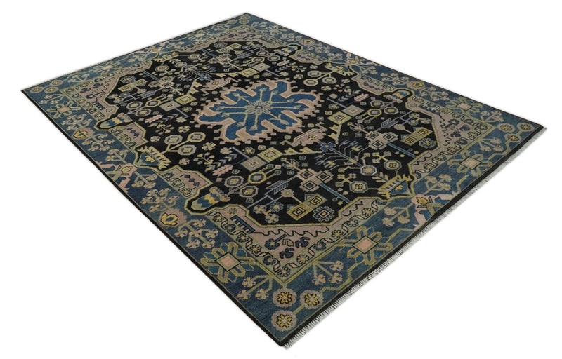 Antique Floral Black, Blue, Peach and Mustard Traditional Heriz 9x12 wool Area Rug - The Rug Decor