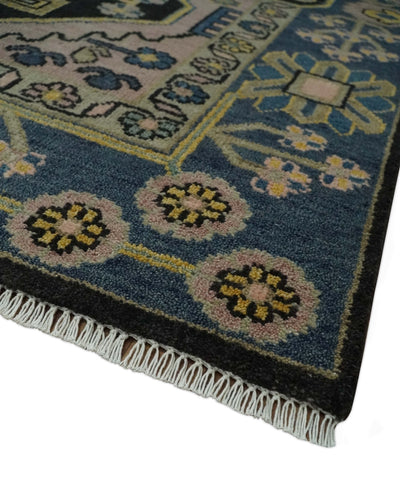 Antique Floral Black, Blue, Peach and Mustard Traditional Heriz 9x12 wool Area Rug - The Rug Decor