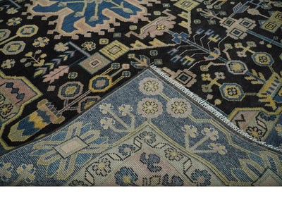 Antique Floral Black, Blue, Peach and Mustard Traditional Heriz 9x12 wool Area Rug - The Rug Decor