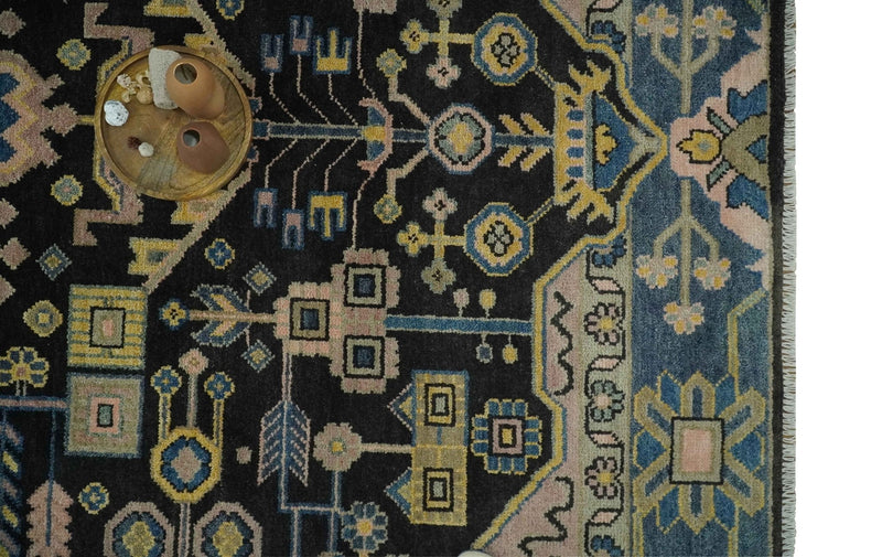 Antique Floral Black, Blue, Peach and Mustard Traditional Heriz 9x12 wool Area Rug - The Rug Decor