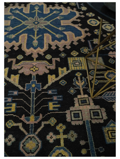 Antique Floral Black, Blue, Peach and Mustard Traditional Heriz 9x12 wool Area Rug - The Rug Decor