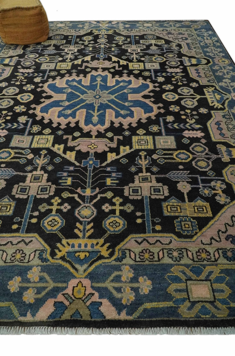 Antique Floral Black, Blue, Peach and Mustard Traditional Heriz 9x12 wool Area Rug - The Rug Decor