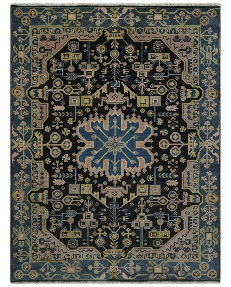 Antique Floral Black, Blue, Peach and Mustard Traditional Heriz 9x12 wool Area Rug - The Rug Decor