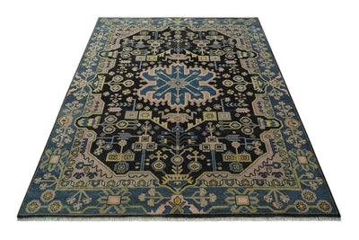 Antique Floral Black, Blue, Peach and Mustard Traditional Heriz 9x12 wool Area Rug - The Rug Decor