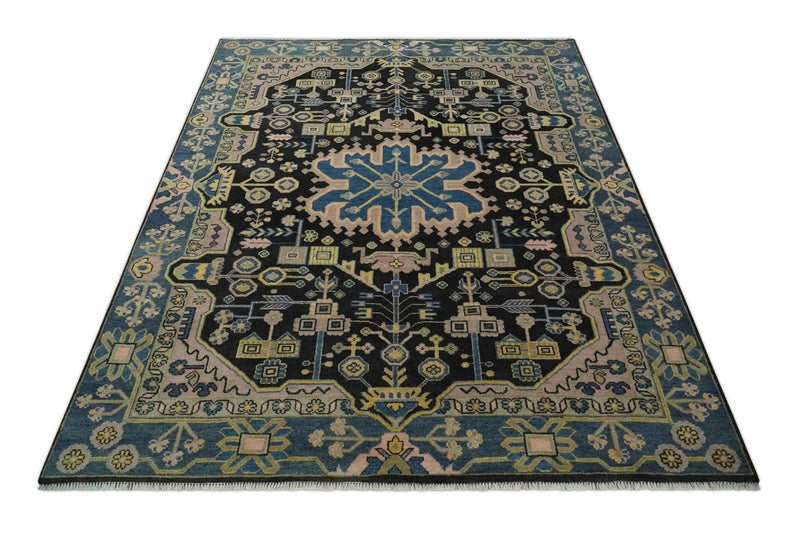 Antique Floral Black, Blue, Peach and Mustard Traditional Heriz 9x12 wool Area Rug - The Rug Decor