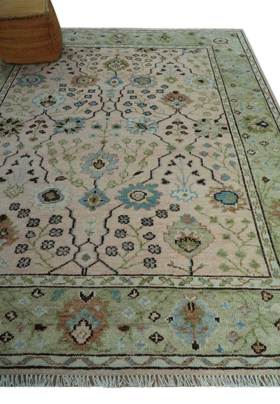 Antique floral design Hand knotted Peach and Green 8x10 Wool Area Rug - The Rug Decor