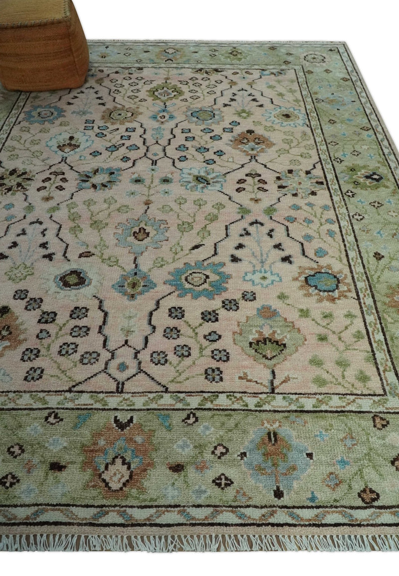 Antique floral design Hand knotted Peach and Green 8x10 Wool Area Rug - The Rug Decor