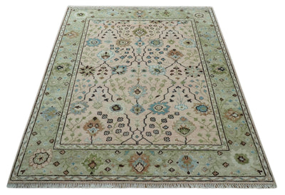 Antique floral design Hand knotted Peach and Green 8x10 Wool Area Rug - The Rug Decor