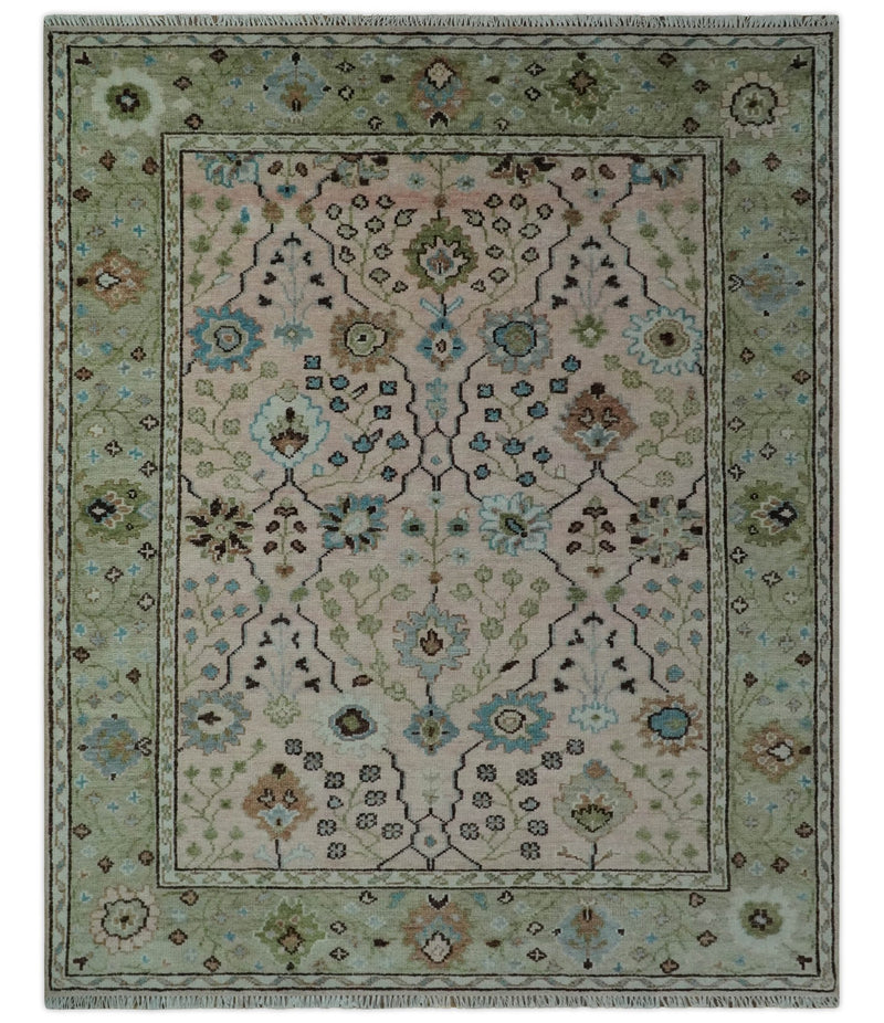 Antique floral design Hand knotted Peach and Green 8x10 Wool Area Rug - The Rug Decor