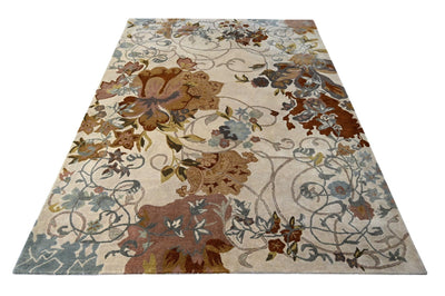 Antique Floral Ivory, Silver, Brown and Gray Hand Tufted 8x11 Wool Area Rug - The Rug Decor