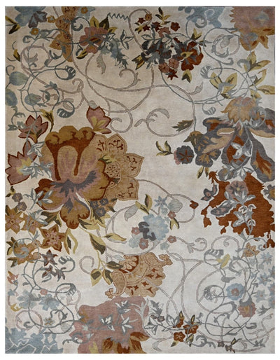 Antique Floral Ivory, Silver, Brown and Gray Hand Tufted 8x11 Wool Area Rug - The Rug Decor