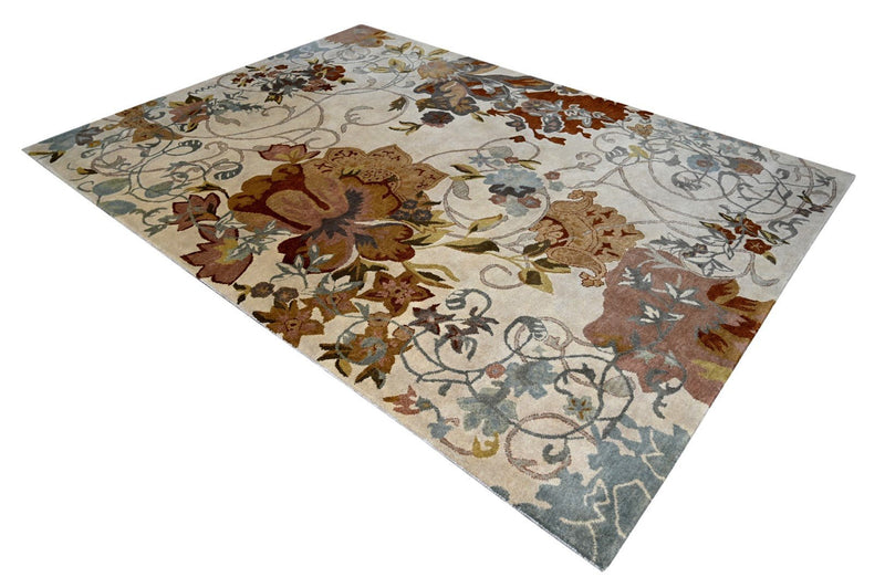 Antique Floral Ivory, Silver, Brown and Gray Hand Tufted 8x11 Wool Area Rug - The Rug Decor