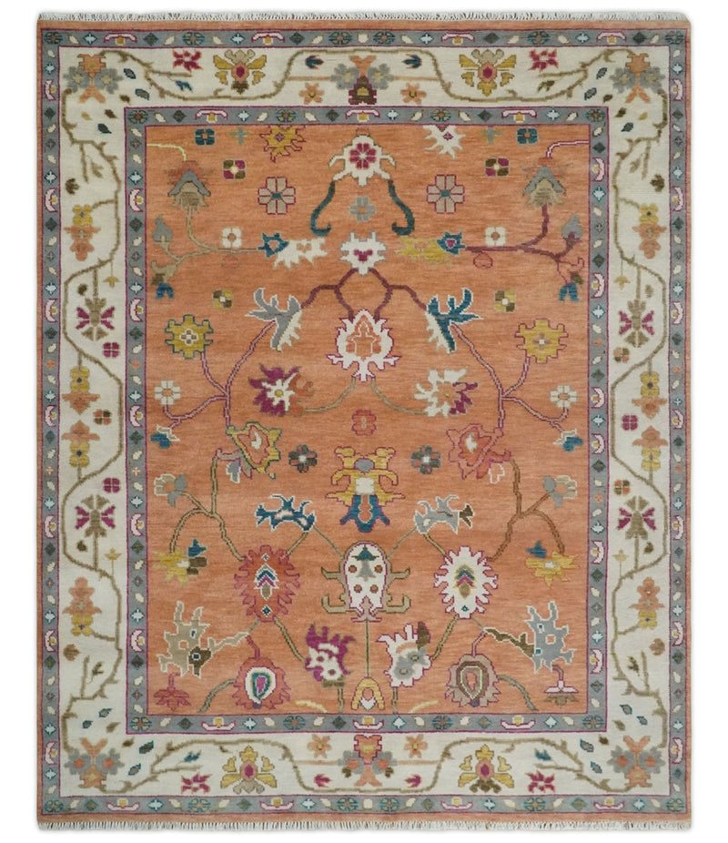 Antique Floral Peach and Ivory Hand knotted Traditional Oushak 8x10 wool Area Rug - The Rug Decor