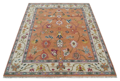 Antique Floral Peach and Ivory Hand knotted Traditional Oushak 8x10 wool Area Rug - The Rug Decor