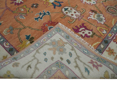 Antique Floral Peach and Ivory Hand knotted Traditional Oushak 8x10 wool Area Rug - The Rug Decor