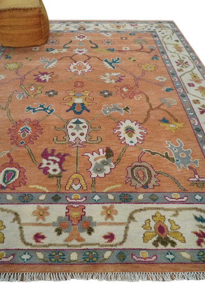 Antique Floral Peach and Ivory Hand knotted Traditional Oushak 8x10 wool Area Rug - The Rug Decor