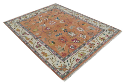 Antique Floral Peach and Ivory Hand knotted Traditional Oushak 8x10 wool Area Rug - The Rug Decor