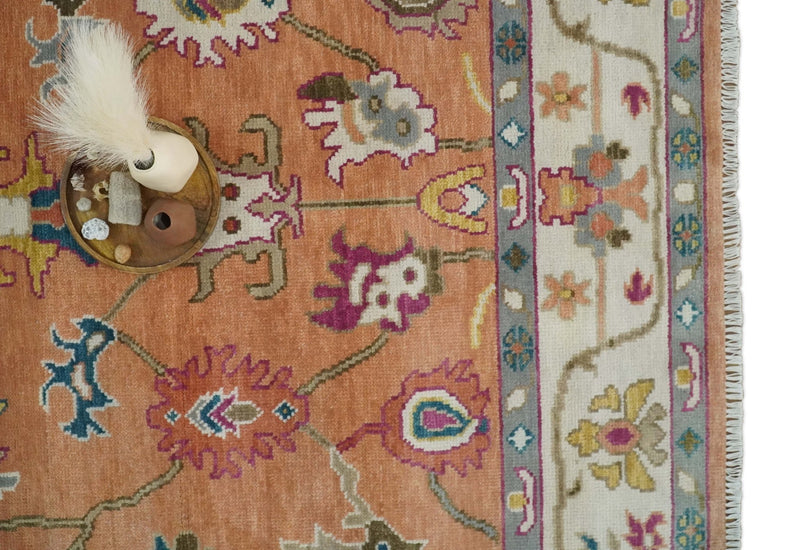 Antique Floral Peach and Ivory Hand knotted Traditional Oushak 8x10 wool Area Rug - The Rug Decor