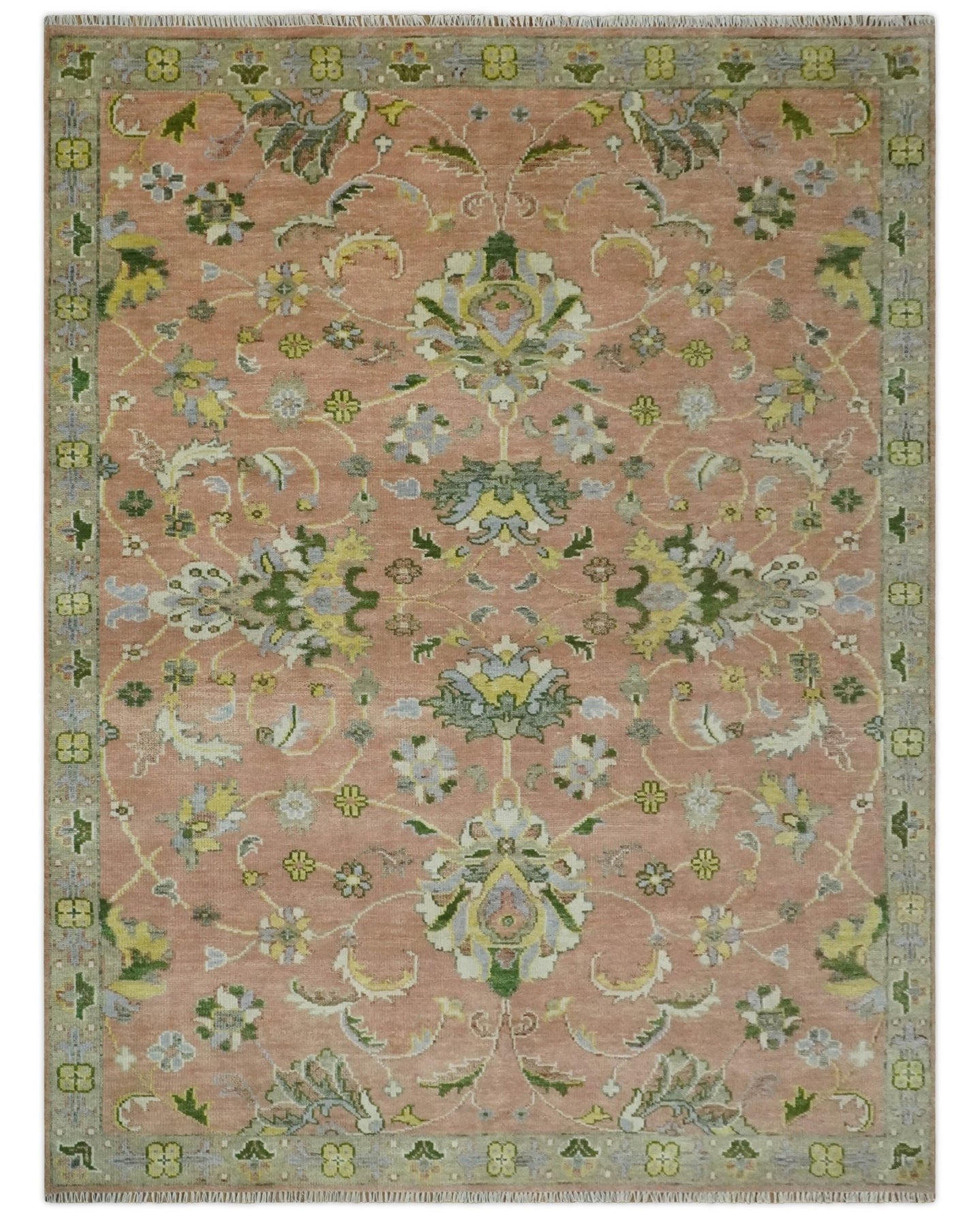 Antique Floral Peach, Green, Mustard and Ivory Hand Knotted 9x12 wool area Rug - The Rug Decor