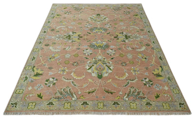 Antique Floral Peach, Green, Mustard and Ivory Hand Knotted 9x12 wool area Rug - The Rug Decor