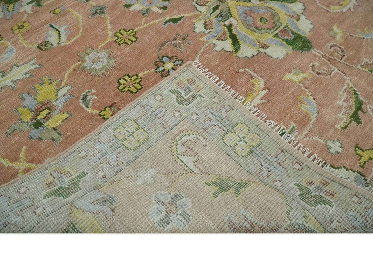 Antique Floral Peach, Green, Mustard and Ivory Hand Knotted 9x12 wool area Rug - The Rug Decor
