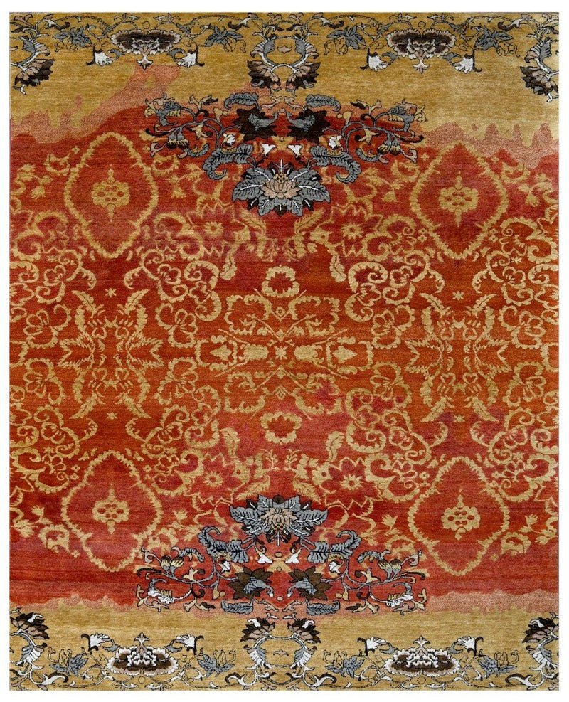 Antique Floral Rust and Gold Hand Knotted 8x10 Wool Area Rug - The Rug Decor