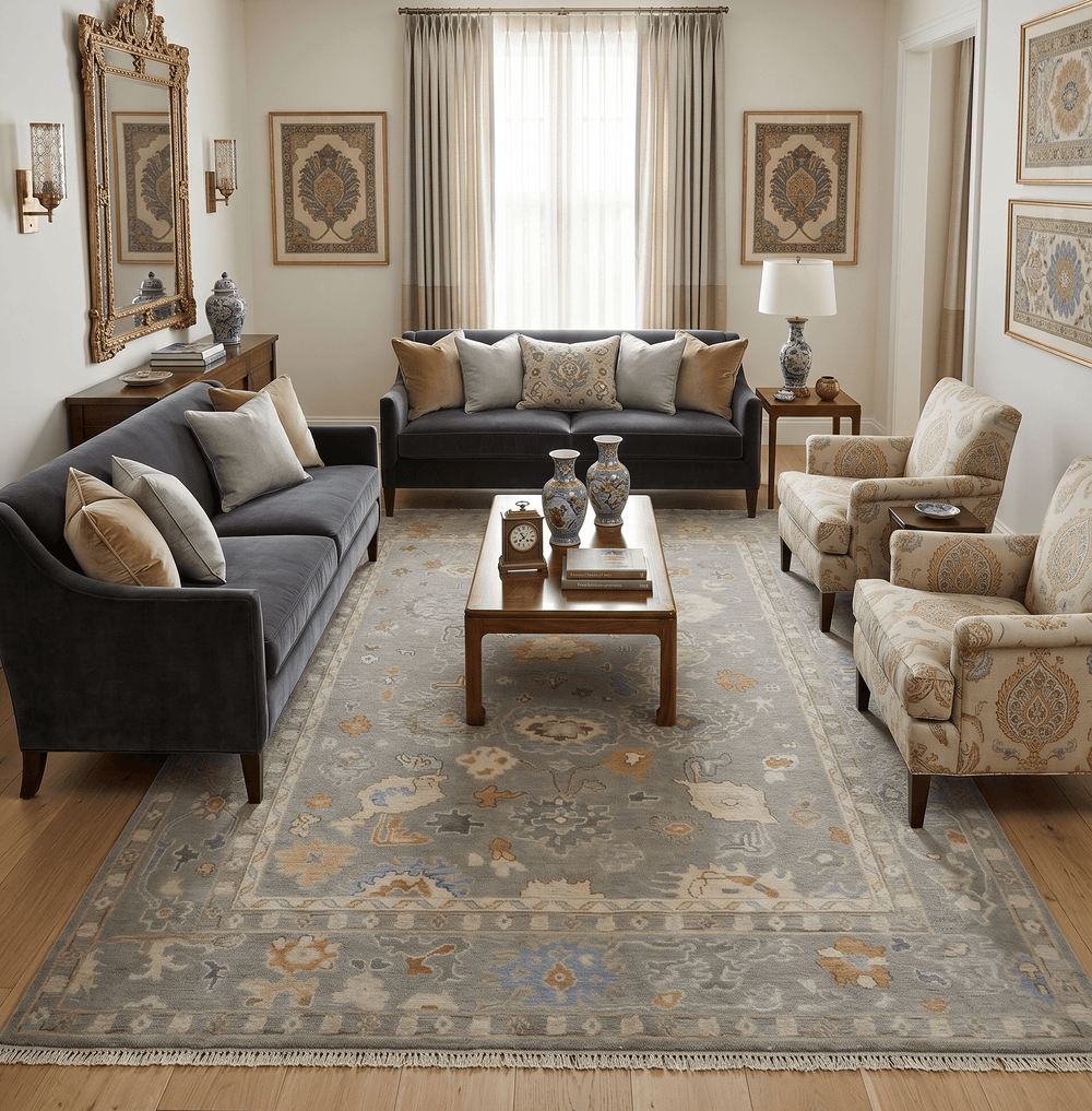 Antique Gray And Beige Hand Knotted Oushak Wool Area Rug - The Rug Decor