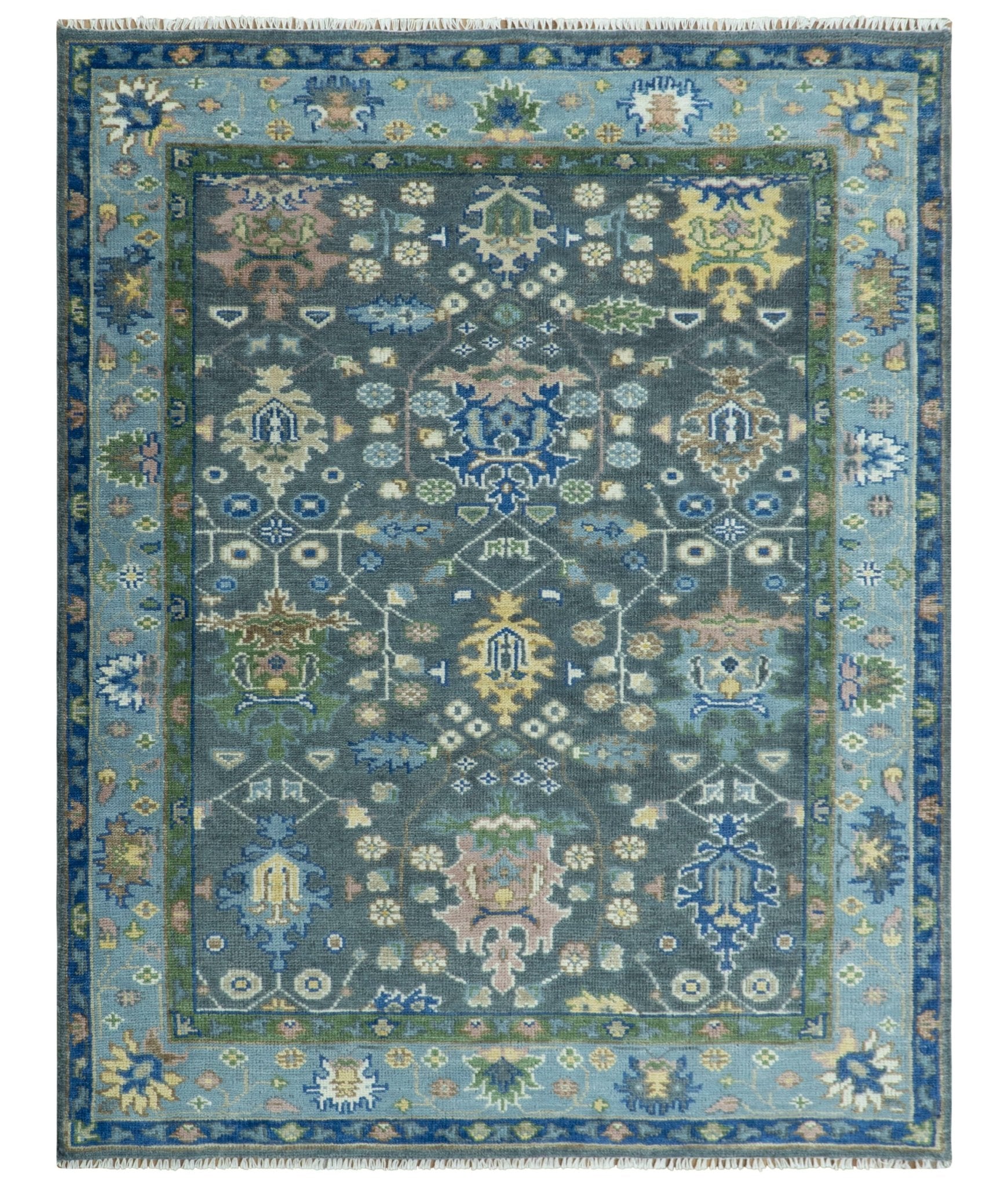 Antique Hand Knotted Green Moss and Blue Traditional Turkish