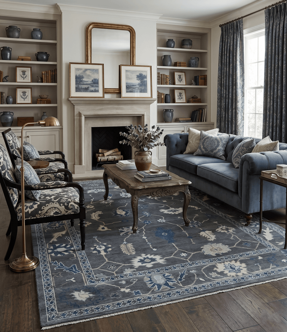 Antique Hand Knotted Oushak Charcoal and Blue Traditional Area Rug - The Rug Decor