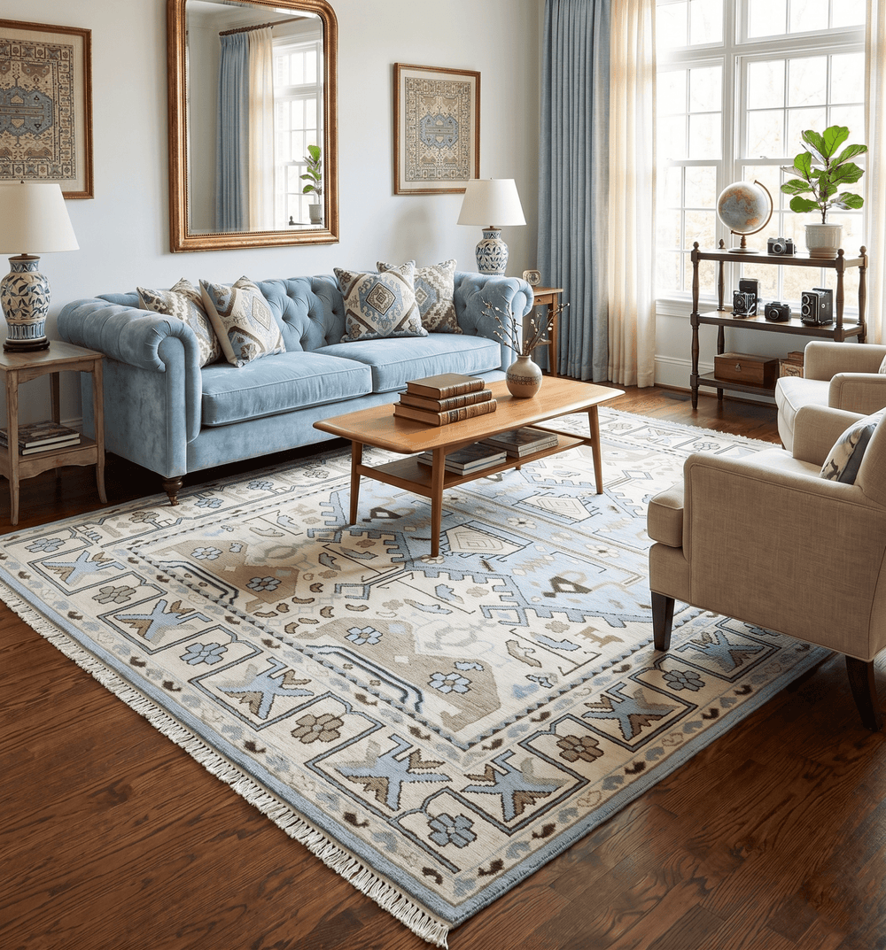 Antique Ivory and Blue Traditional Hand Knotted 8x10 Wool Area Rug - The Rug Decor